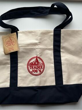 Trader Joe's Canvas Tote Bag in Natural and Black with Red Logo